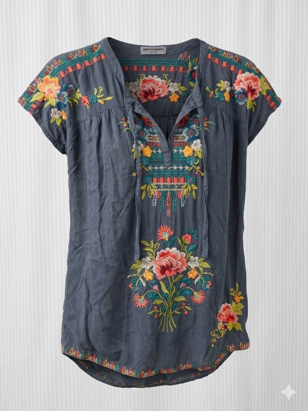 Johnny Was Heidi Boho Slate Blue Embroidered Floral Tunic Top